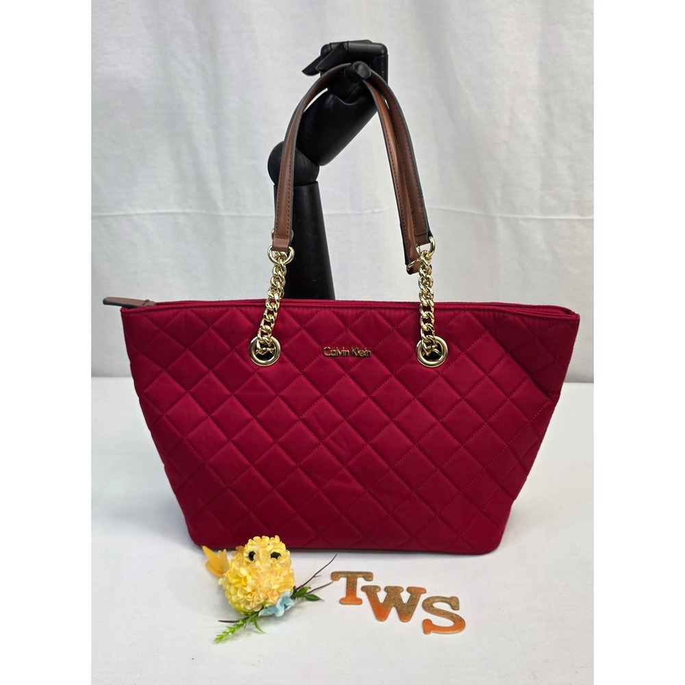 Calvin Klein Red Quilted Nylon Tote Bag Gold Chain Shoulder Bag